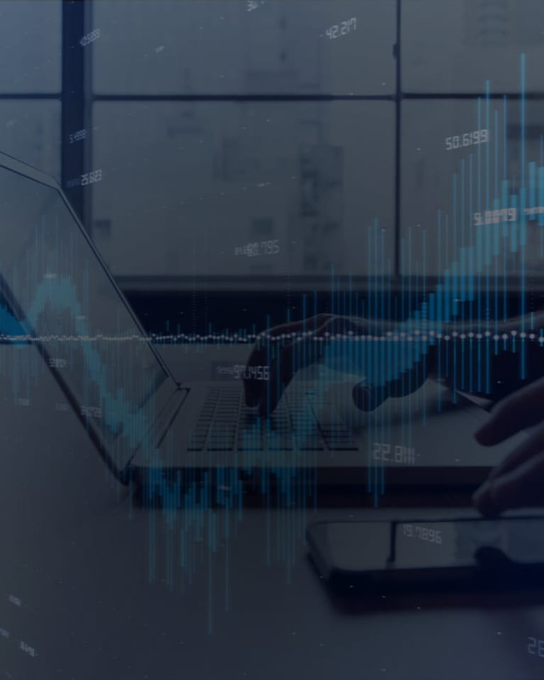 person typing on laptop with digital backgroud