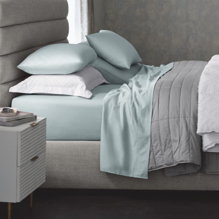 grey and teal bedding