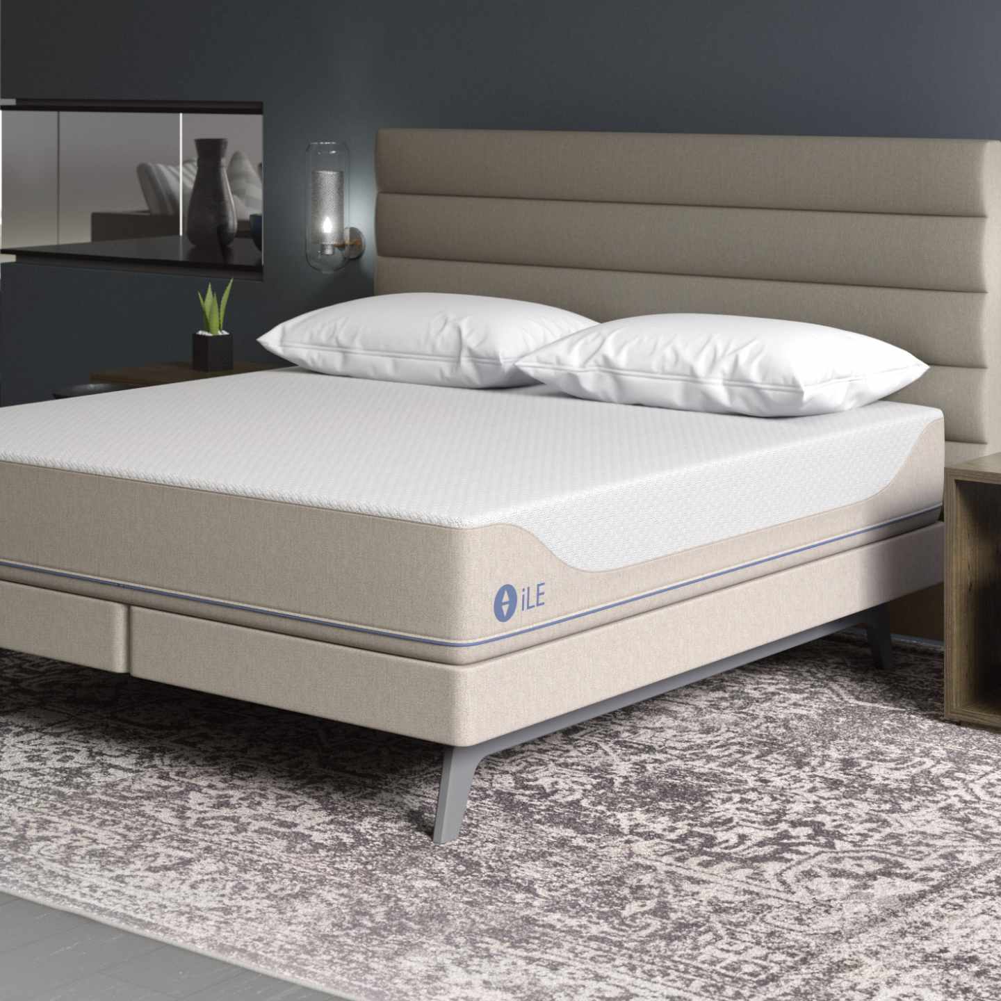 Sleep Number iLE mattress with a white horizontal panel headboard