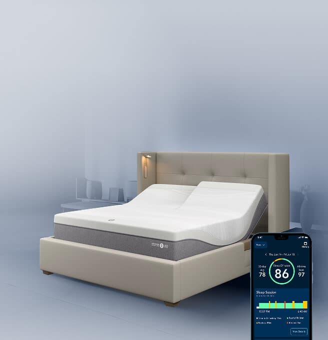 Sleep Number bed with raised head and iphone showing Sleep Number App