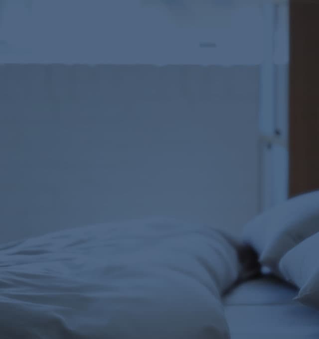 Empty bed with blanket and pillows