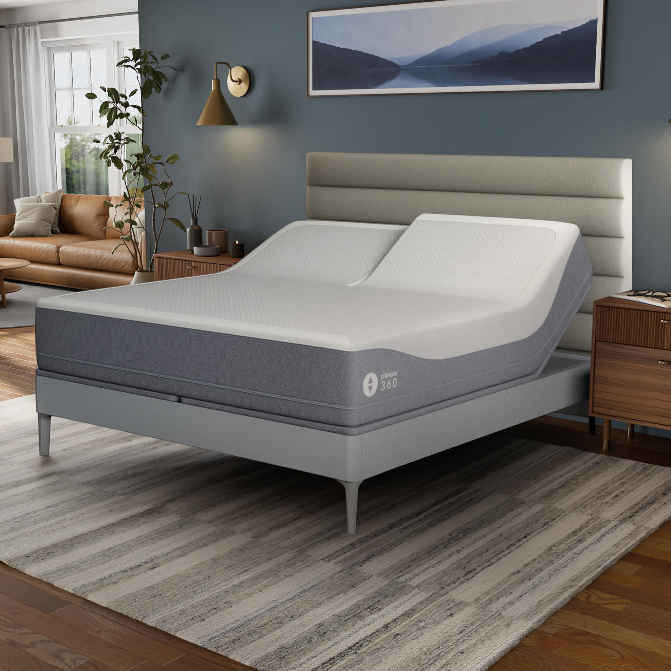 45-degree view of the FlexTop Climate360 smart bed, left and right head is articulated up.